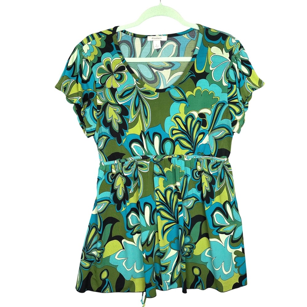 Dressbarn Vintage Y2K Top L Green Floral Mod Empire Waist Retro Babydoll 70's